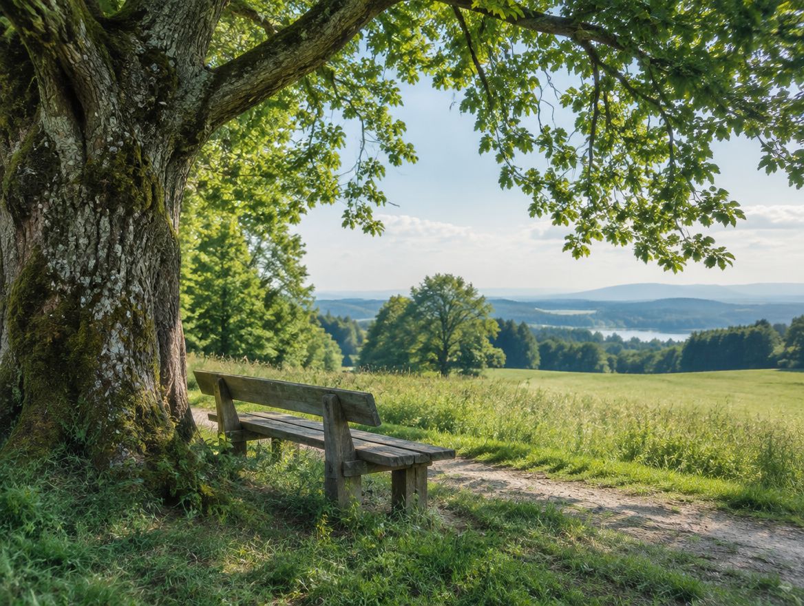 Holzbank unter einem alten Baum am Rand einer Wiese