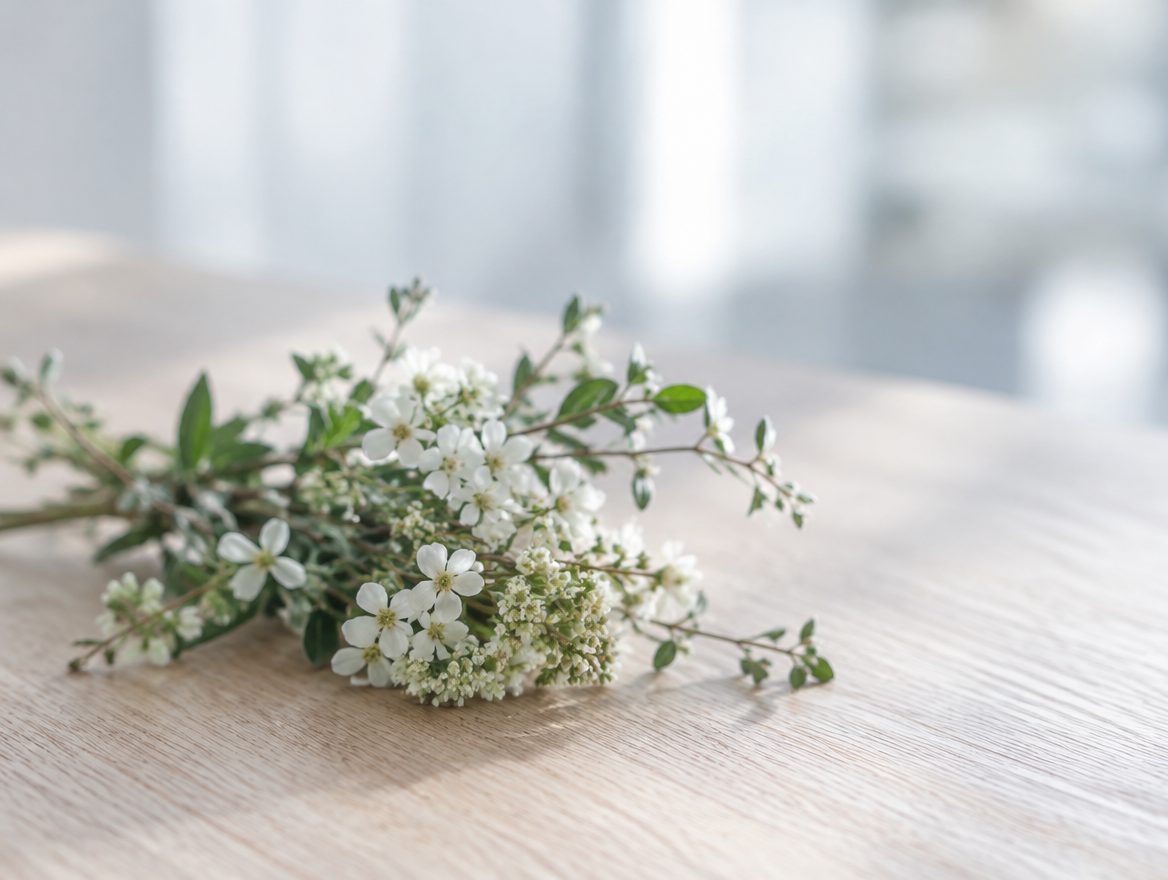 Weiße Wiesenblumen auf einem hellen Holztisch