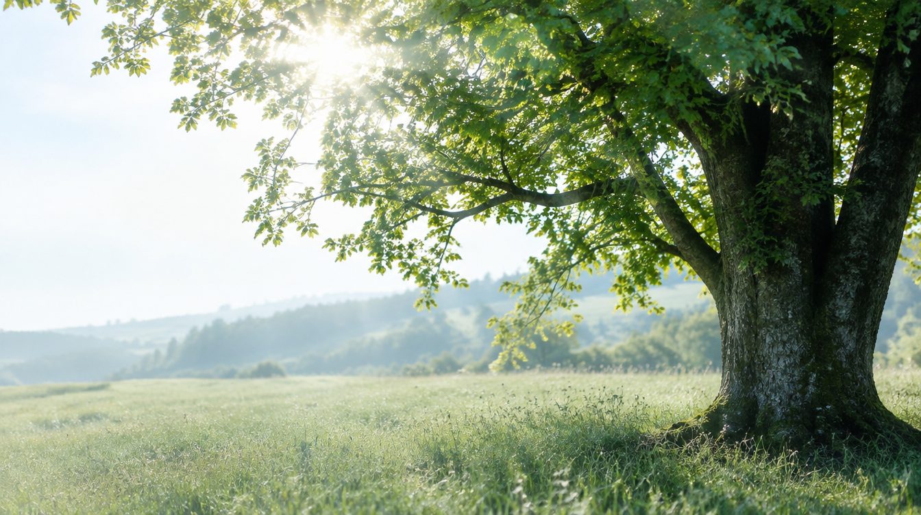 Alte Linde auf einer Wiese im Morgenlicht, im Hintergrund sanfte Hügel