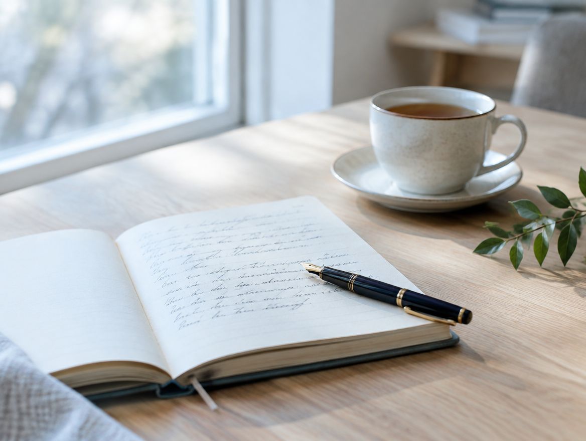Aufgeschlagenes Notizbuch mit Füller und einer Tasse Tee auf einem Holztisch
